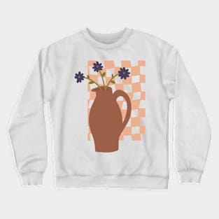 large terracotta vase with a trio of blue flowers on checkerboard background Crewneck Sweatshirt